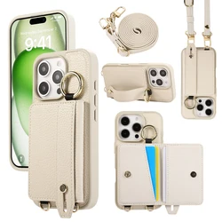 Luxury PU Leather Wristband Case with Lanyard and Card Holder, All - Around Shockproof Design - iPhone 16 (White)