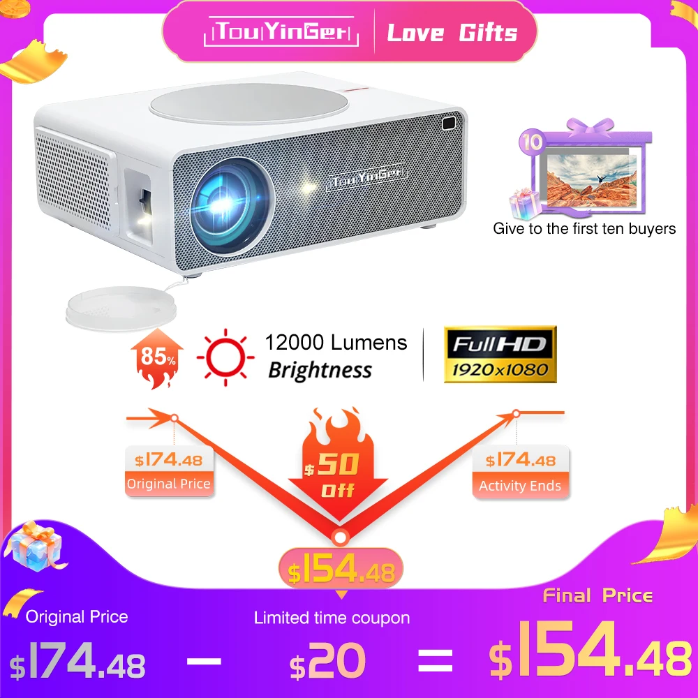 Touyinger Q10 Proiettore Full Hd Home Theater Cinema 12000 Lumen Led Beamer 4K Proiettori (Wifi Android 9.0)