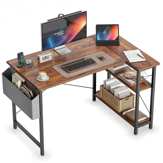 L Shaped Desk, 40 Computer Desk with Reversible Storage Shelves Home Office Corner Desk Study Writing Gaming Table, Brown