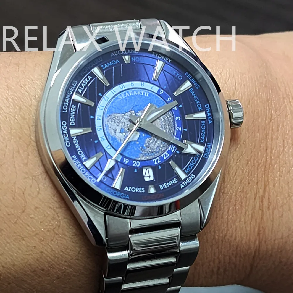 41mm Stainless Steel Watch Worldtimer 6 O'Clock Calendar Glass Back Nh35 Automatic Movement New 150