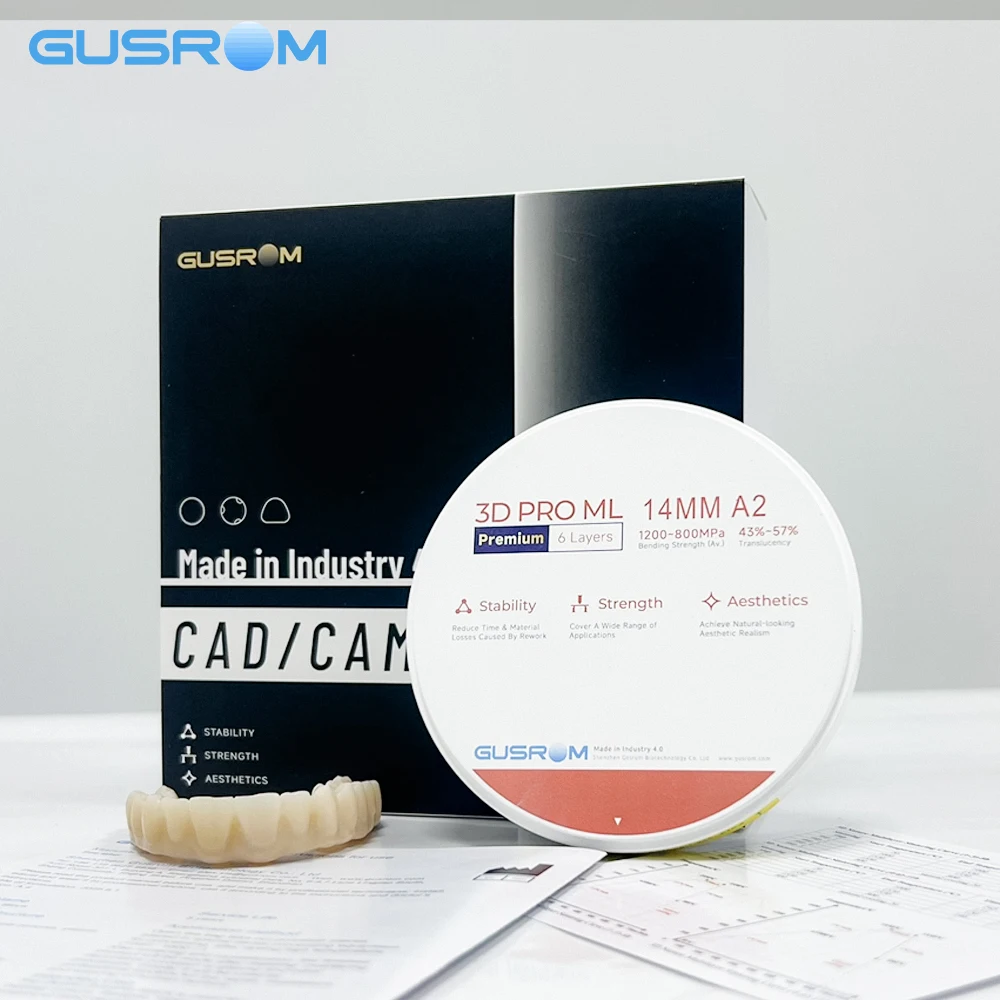 GUSROM 3D PRO ML Premium Mehrschichtiger Zirkonoxid-Block 98mm 6 Schichten 1200MPa Hochfestigkeit 57% Transluzenz Dental CAD CAM Kronenblock – Detail 5