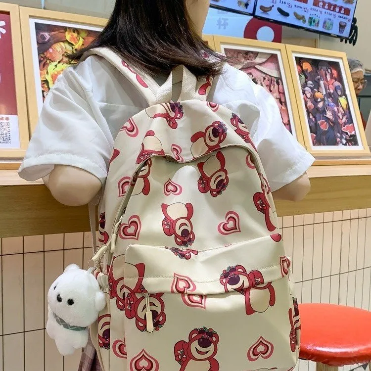 2024 New Strawberry Bear Backpack Middle and High School Student Schoolbag Large Capacity Fashion Casual Campus Schoolbag