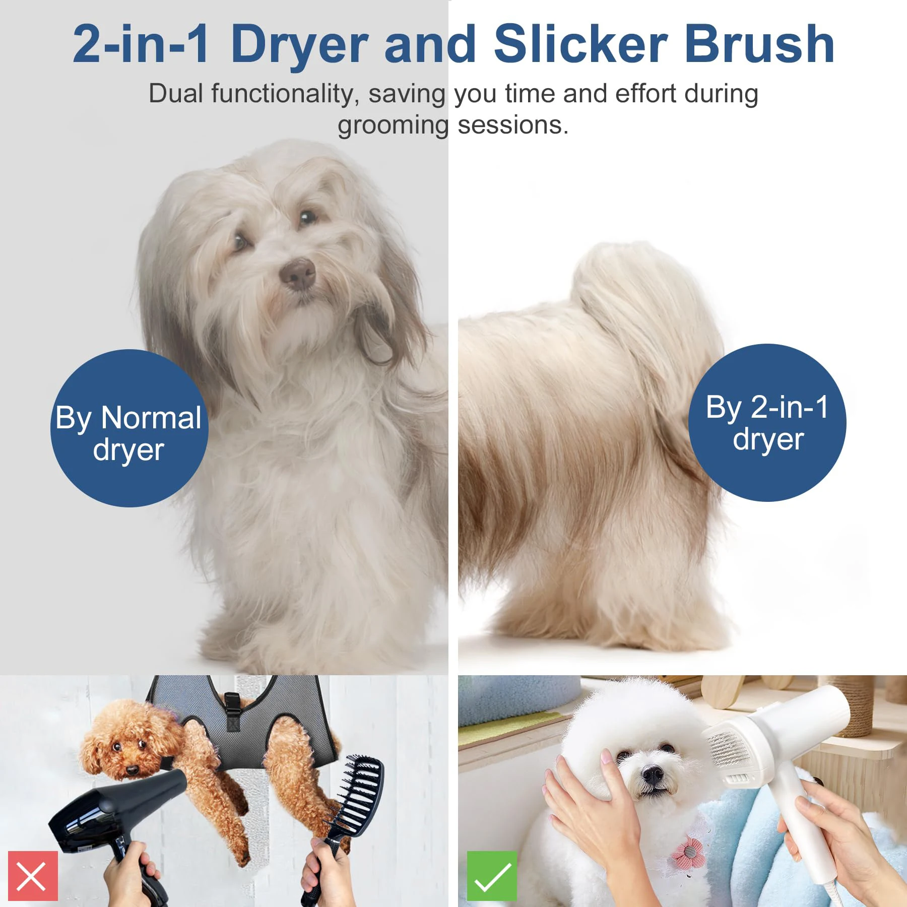 2-in-1 Dog Dryer and Brush-Pet Grooming Dryer with Overheating Protection 3 Blowing Modes Slimmer Handle Low Noise for Dog Cat pet hair dryer