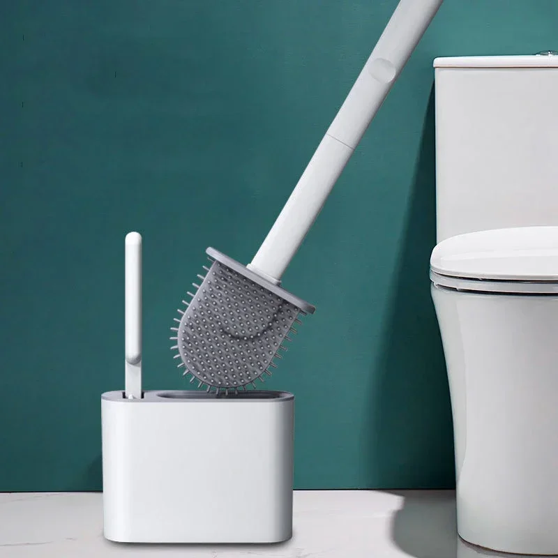 Silicone Toilet Brush Cleaning Brush Flat Head Flexible Wall Mounted Toilet Bowl Cleaner Holder Set for WC Bathroom