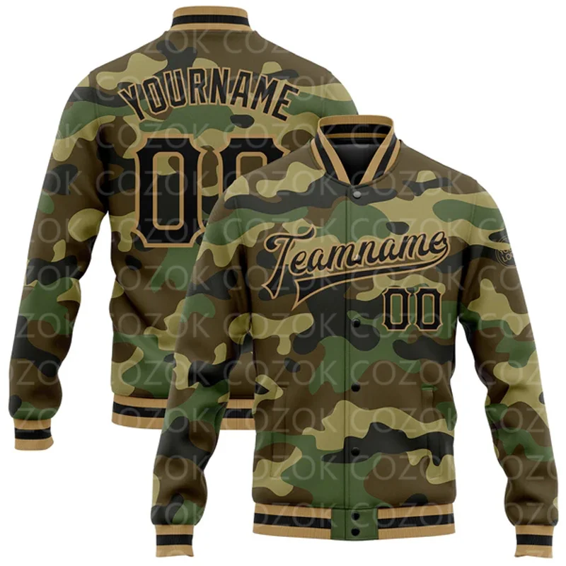 Custom Camouflage Yellow Color 3D Printed Baseball Button Jacket Bomber Full-Snap Varsity Letterman Jacket