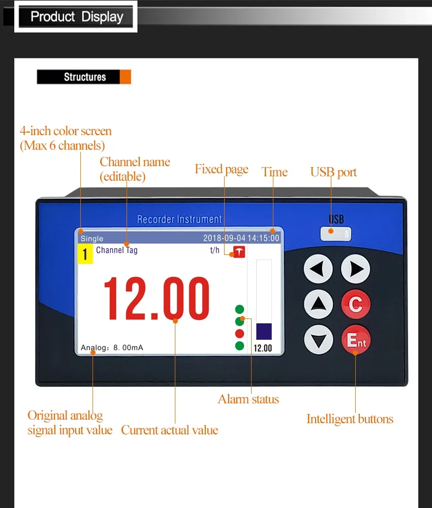 Multichannel Data Recorder PT100 K TC Temperature Sensor Datalogger Color Screen