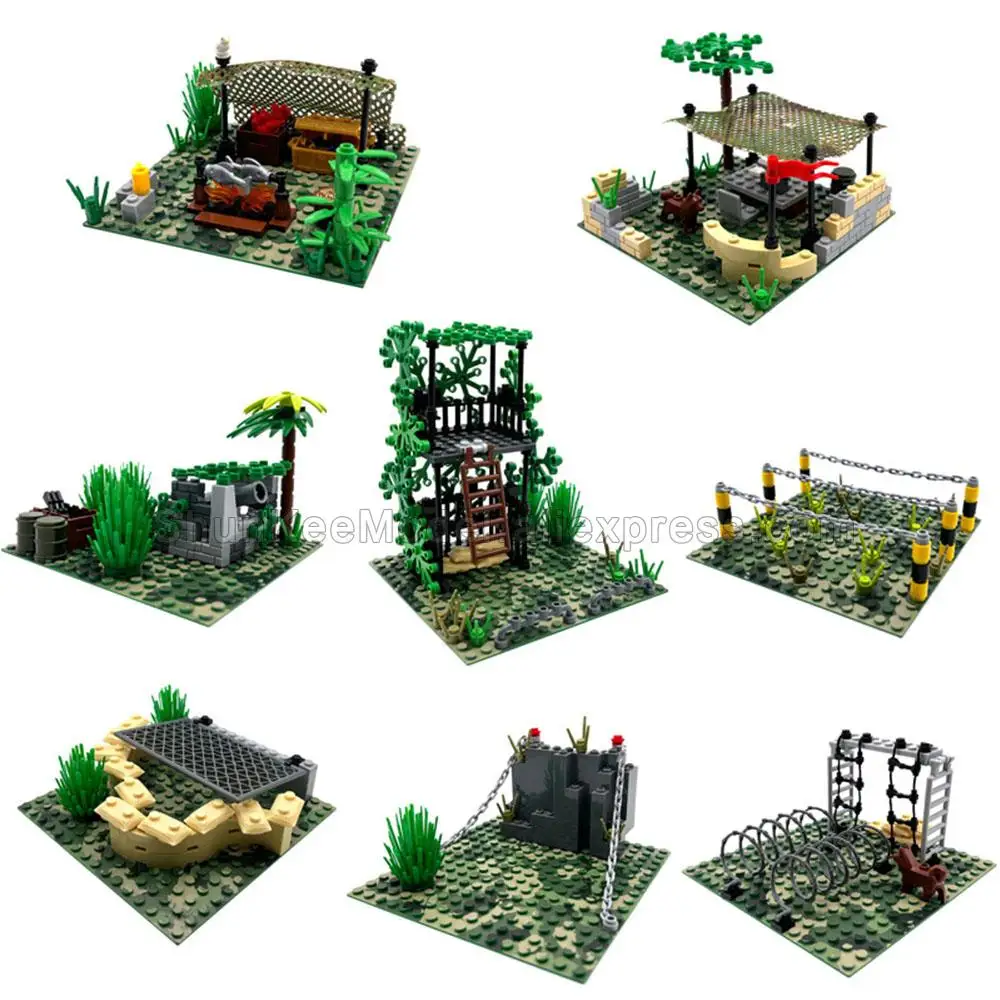

MOC Modern Jungle Military Position Base Weapon Rack Building Bricks Blocks Plate Mini Army SWAT Police Operation Figure Toy