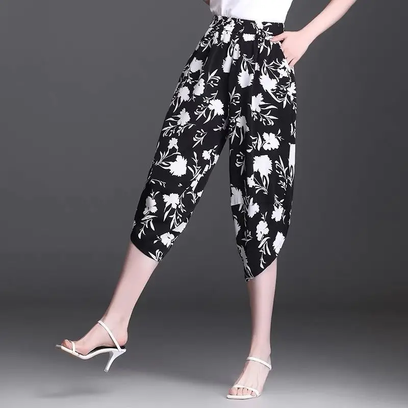 

2023 Summer Fashion Trend Versatile Print High Waistband Pocket Relaxed Relaxed Slim Show High Knee Length Women's Halen Pants