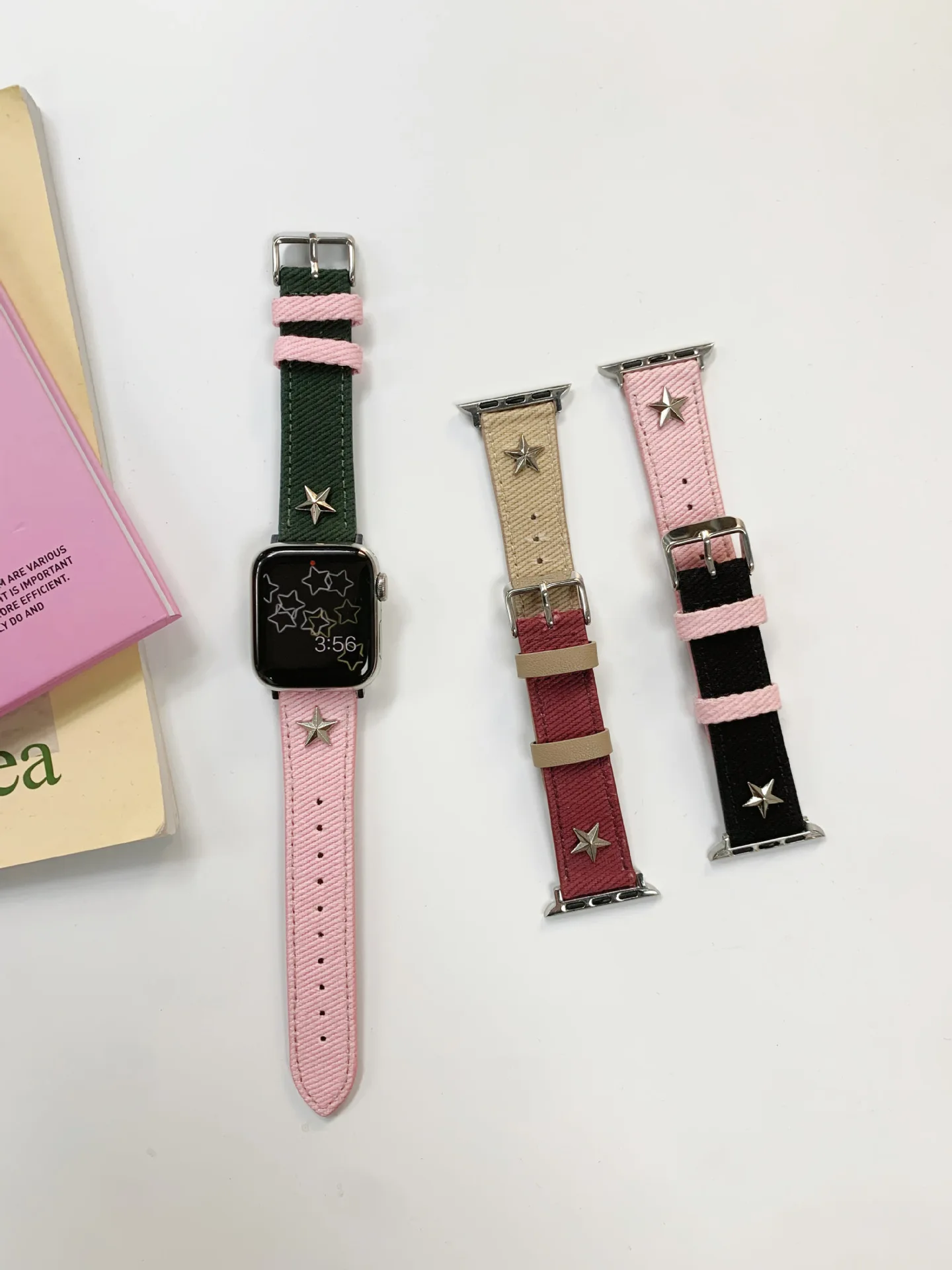 

Y2k Star Pink Black Denim Canvas Band For Apple Watch 7 8 SE 6 5 4 Cute Girl Leather Strap For iwatch 41mm 38mm 45 42 44 49 40mm