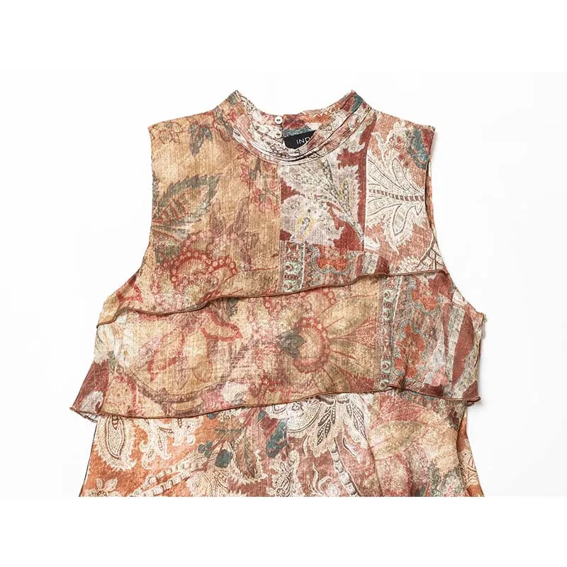 Women Fashion Printed Layering Ruffles Short Dress 2025 Summer New Street Sleeveless Mini Dress Elegant Holiday Party Dresses