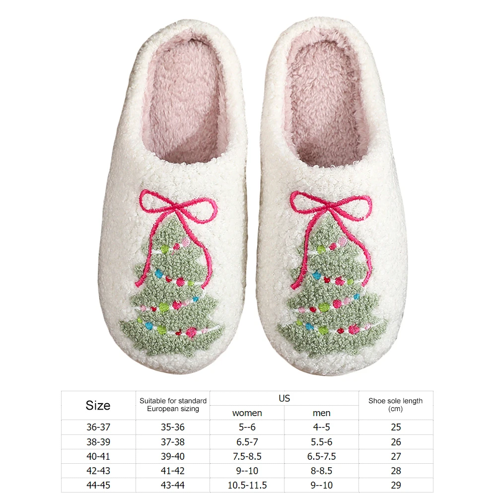 Flat Thermal Slippers Anti Slip Comfortable Furry Slippers Bow Xmas Tree Pattern Christmas Plush Slippers for Winter Autumn