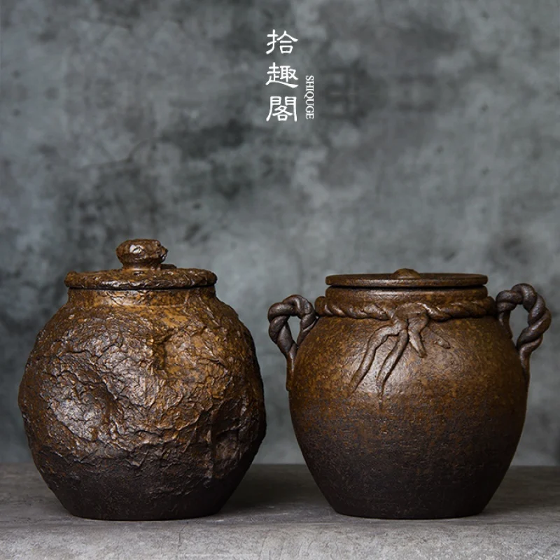 

Handmade Stoneware Tea Tins Retro Earthenware Tea Container Pu'er Black Tea Ceramic Awake Tea Jar Tea Warehouse Non-Sealed Cans