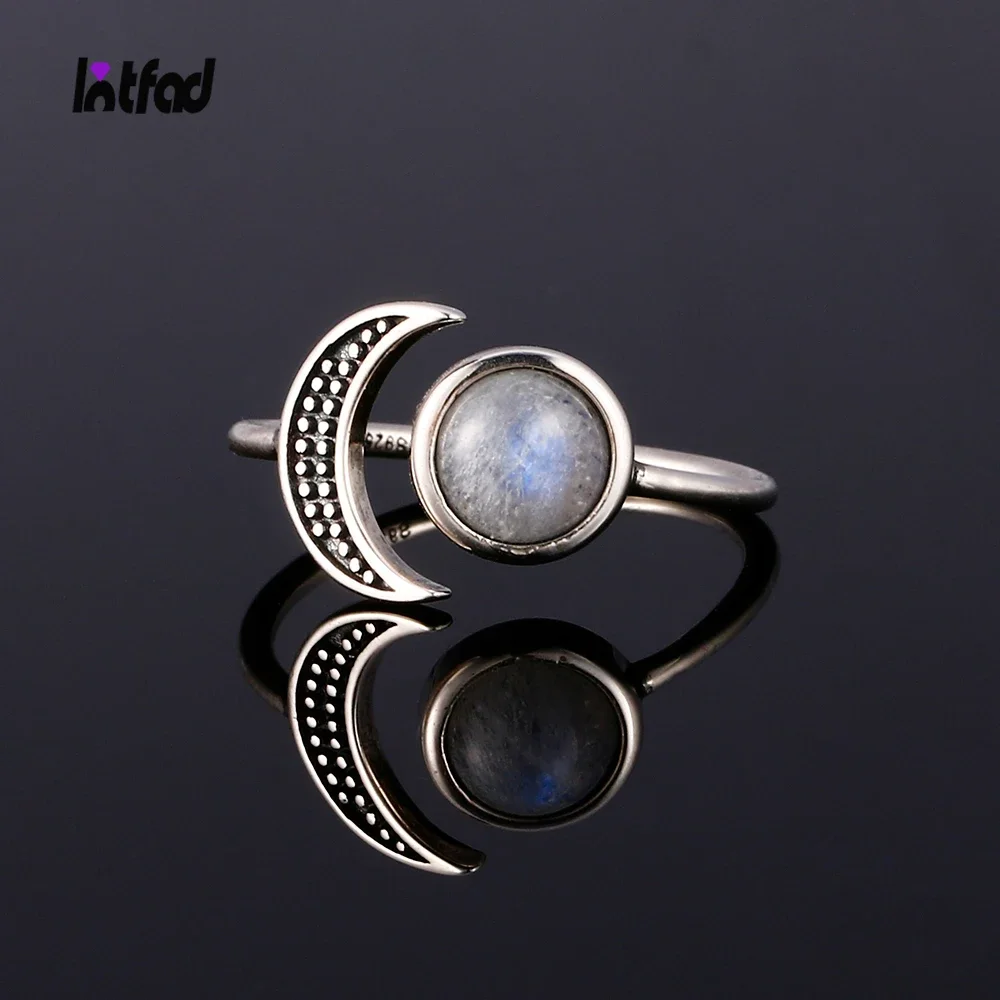 

Natural Moonstone Adjustable Rings for Women 925 Sterling Silver Moon Shaped Party Fine Jewelry Anniversary Gift