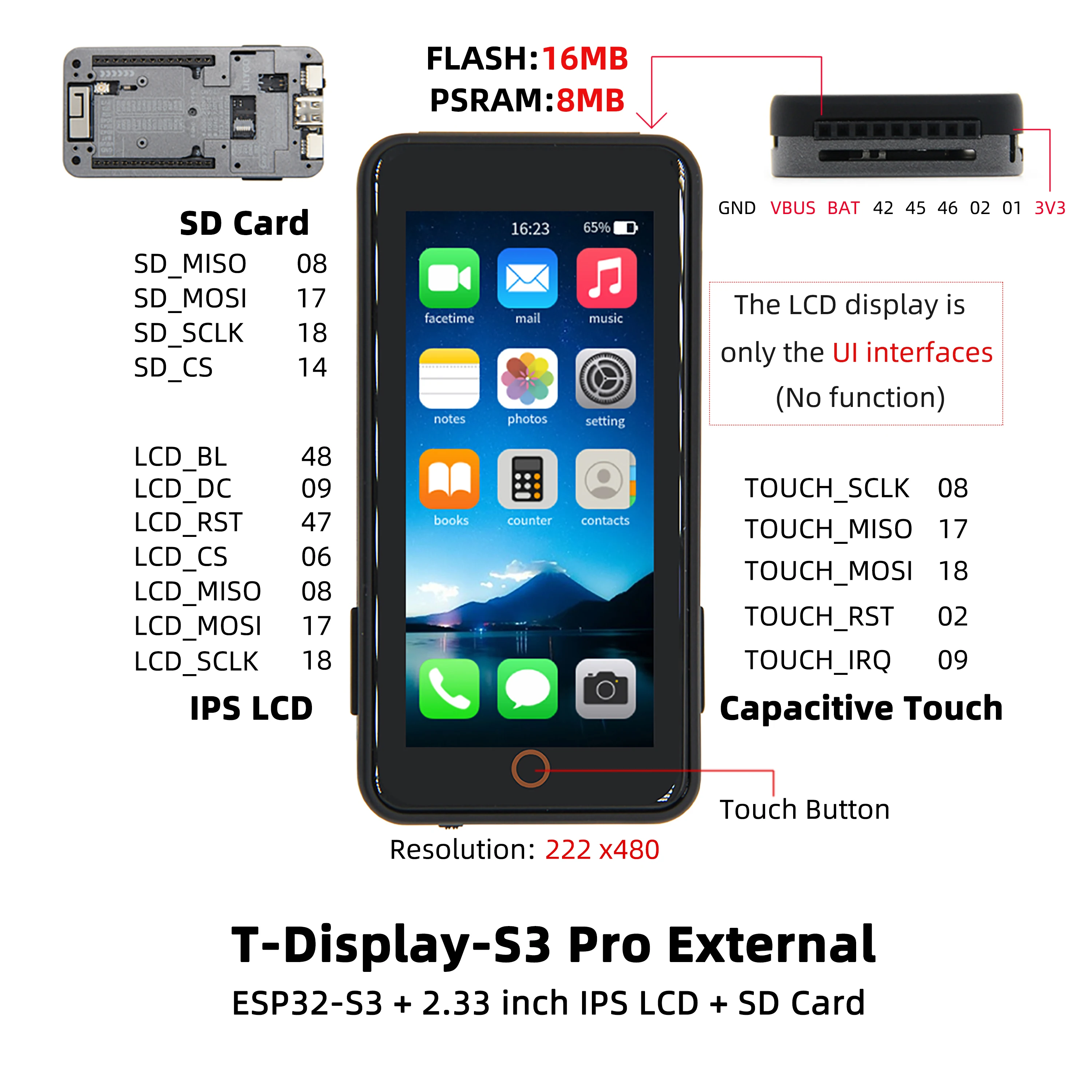 ® T-Display-S3-Pro ESP32-S3 Touch Display 2.33-inch LCD Development Board I2C Di