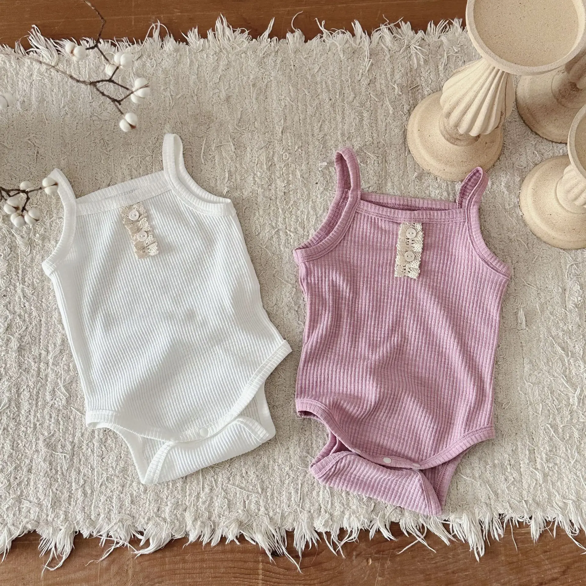 

Newborn Baby Summer Clothes Baby Girls Bodysuit Cotton Sleeveless Infant Sling Onesies Solid Ribbed Toddler Baby Girl Jumpsuit