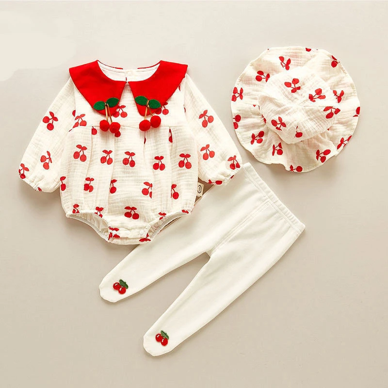 

Cute Baby Girls Clothes Sets Toddler Girl Bodysuit Hats Pants 3pcs Cartoon Cherry Printing Kawaii Cotton Infant Clothings 0-3Y