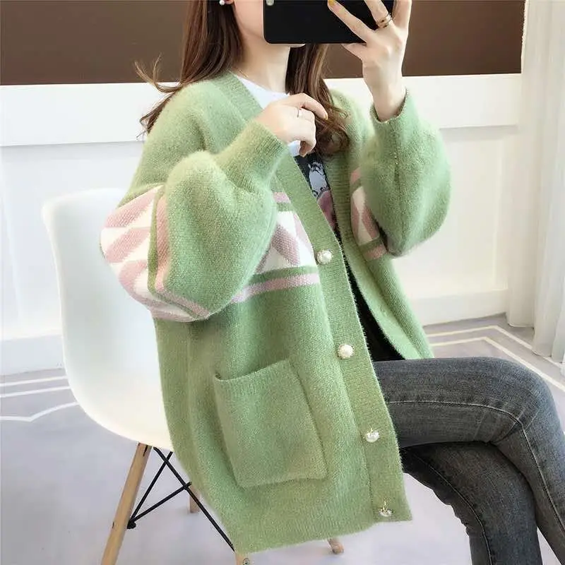 

Green Europe Block Cardigan Long Sleeve Sweater Loose Over Coat Casual Outwear Cloth Girl Jacket V-neck Tops Clothes for Women
