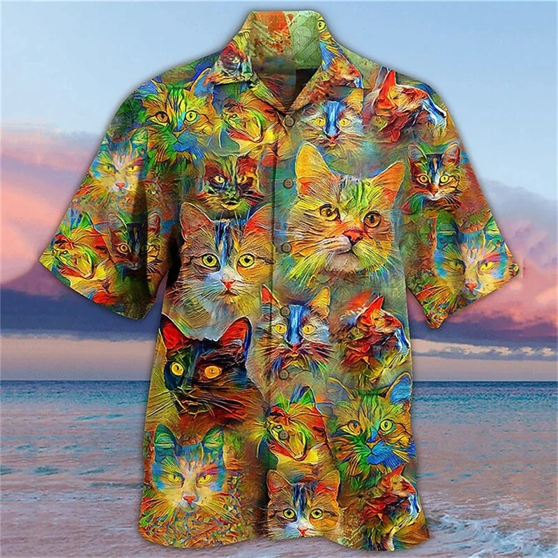 thumbnail image 1 of Camisa hawaiana divertida para hombre, sudadera playera con estampado de gato y música en 3D, camisa de manga corta de diseñador callejero, ropa para hombre de alta calidad, 1 of 5