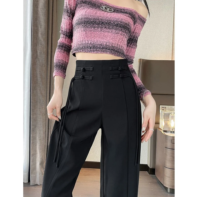 Women Clothes Vintage Chinese Style Design Chic High Waist Wide Leg Suit Pants Casual Solid Straight Trousers Elegante Pantalon