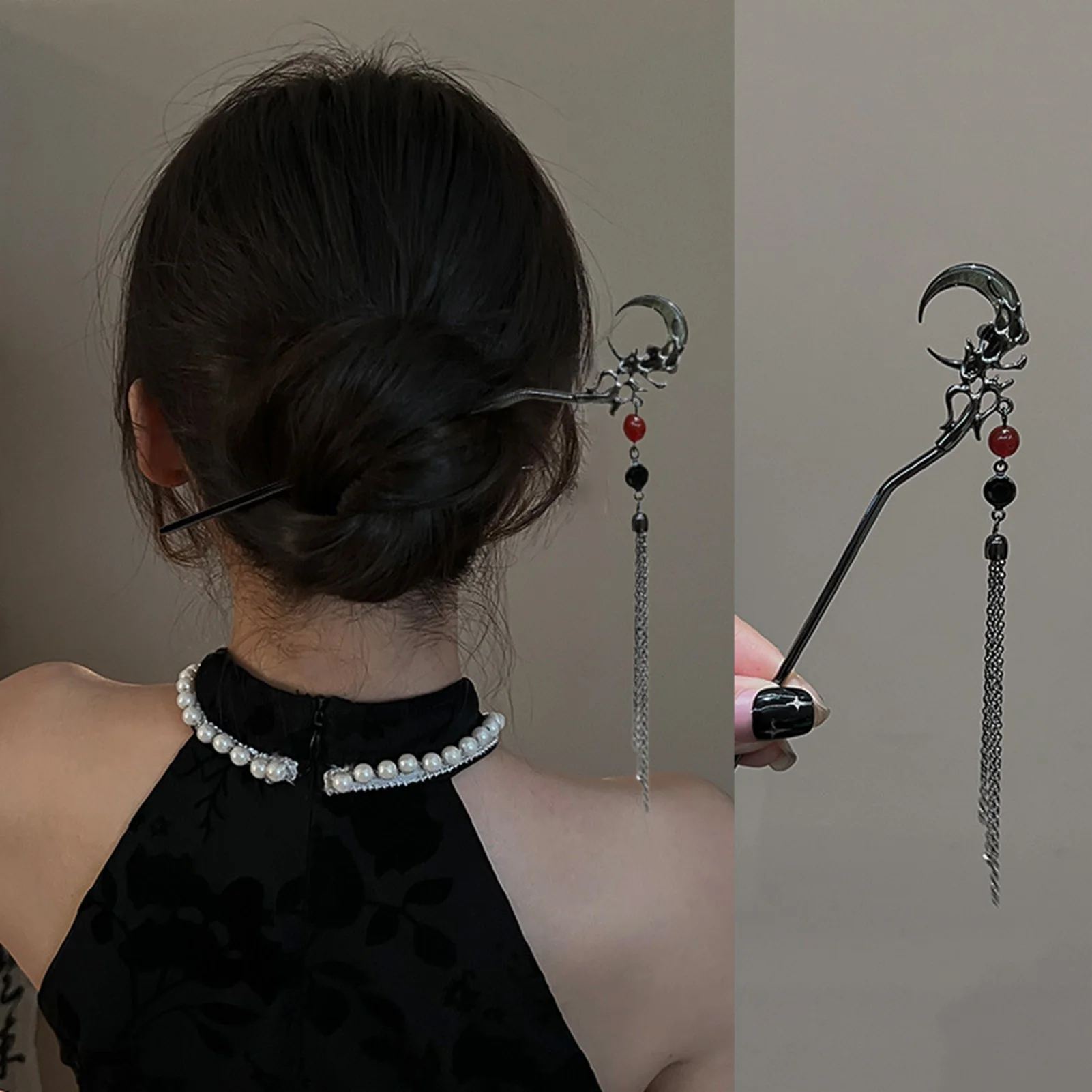 Gothic Moon Tassel Hairpin - Vintage Metal Hair Accessory