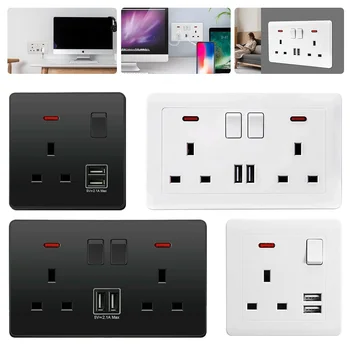 Dual-Wall Plug Socket, 2-Gang, 13A with 2 USB Charging Ports and Flat Plate - UK Standard 2