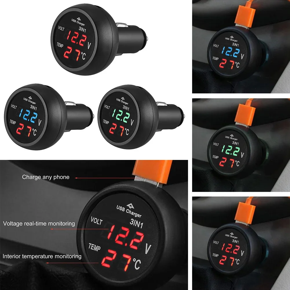 Universal Car Voltage Monitor with Digital LED Display and USB Charging Capabilities