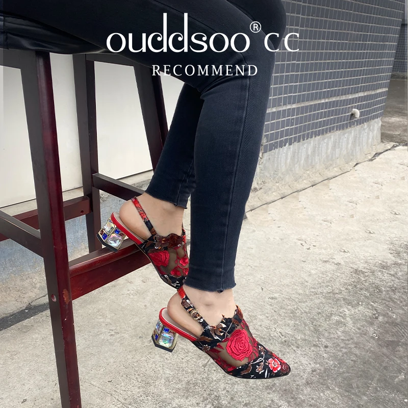 

Ods Women Floral Mesh Belt Buckle Lace Sandals Woman High Heels Spring Female Shoes Classics Pointed Toe Sandals Ladies Party 43