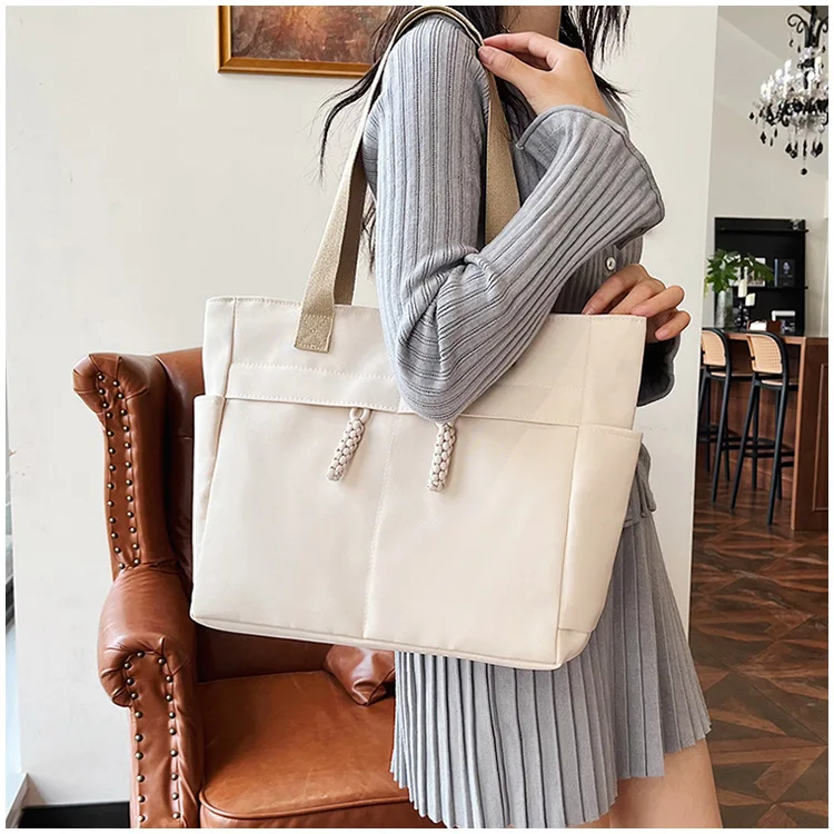 Versatile Oxford Tote Bag Beige/Black/Tan Drawstring Zipper Style Casual Chic Handbag Shoulder Bags for Daily Commutes & Errands