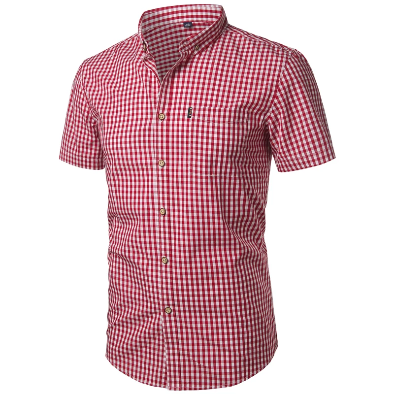Mens Red Small Plaid Shirts Summer Short Sleeve Cotton Dress Shirts Business Casual Button Down Chemise Homme Camisa Masculina 2