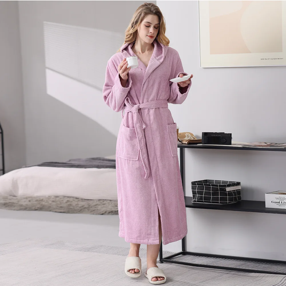 Hooded Bathrobe Men Cotton Hooded Women Sleepwear Nightgown Towel Fleece Thick Long Soft Autumn Winter White Home Hotel robe