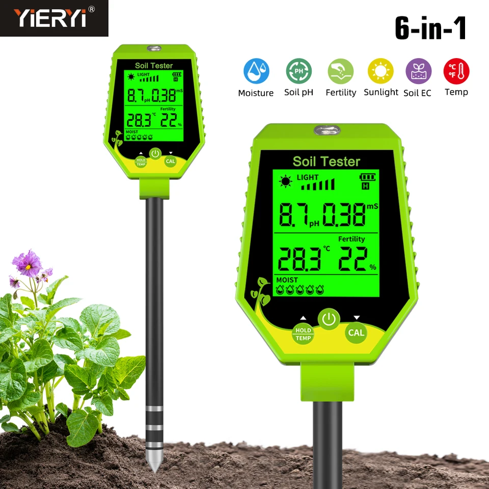 Testeur De Sol Numérique 6 En 1 YIYEGO - Mesure Humidité, PH, EC, Lumière, Température - Pour Jardin, Plantes