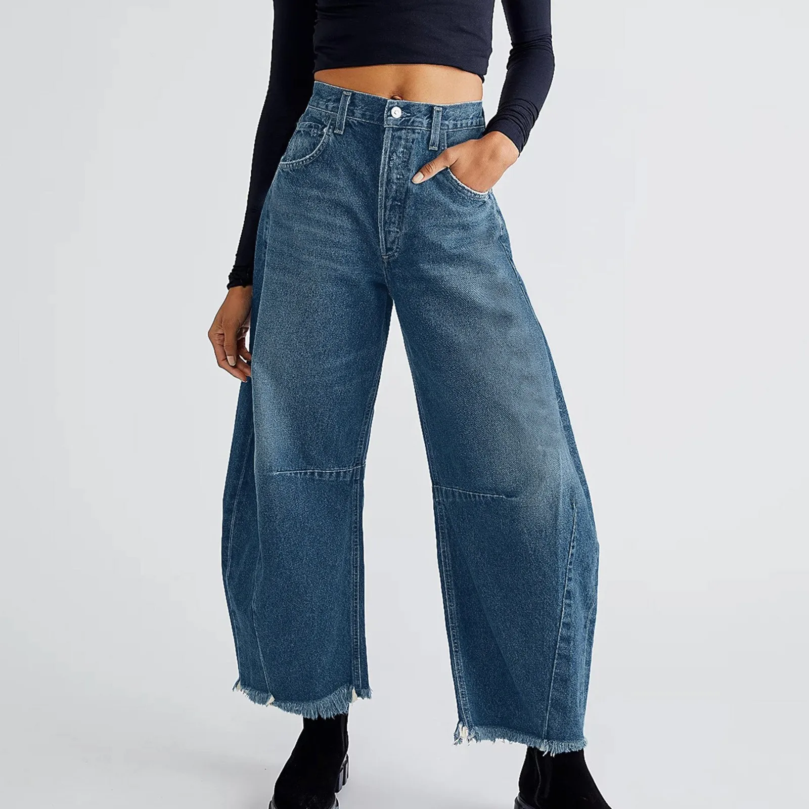 Ladies' Casual Wide-Leg Jeans High Waist And Loose Raw-Edge Trousers Leisure Loose Solid Color Vintage Streetwear women s two color splicing raw edge washed jeans high waisted straight loose thin wide leg trousers