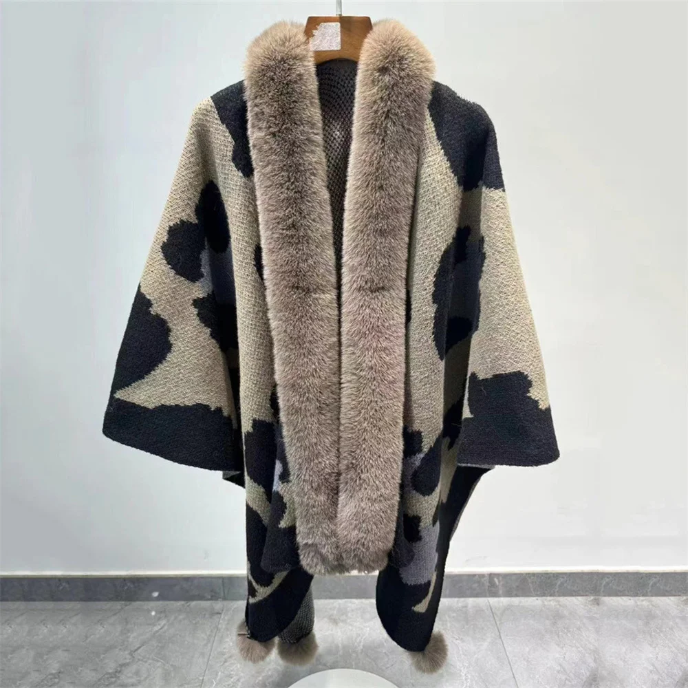 4 Colors Winter Warm Oversize Leopard Printed Long Poncho Capes Faux Fur Knitted Outstreet Shawl Cloak Women Wear Loose Overcoat