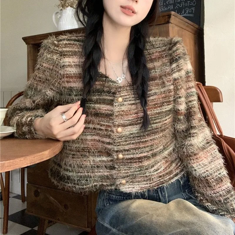 여성용 긴팔 니트 재킷, 용수철 레트로 외투, 슬림 패션 가디건, 상의, 작은 향기로운 바람 기질 코트, 2024 신상