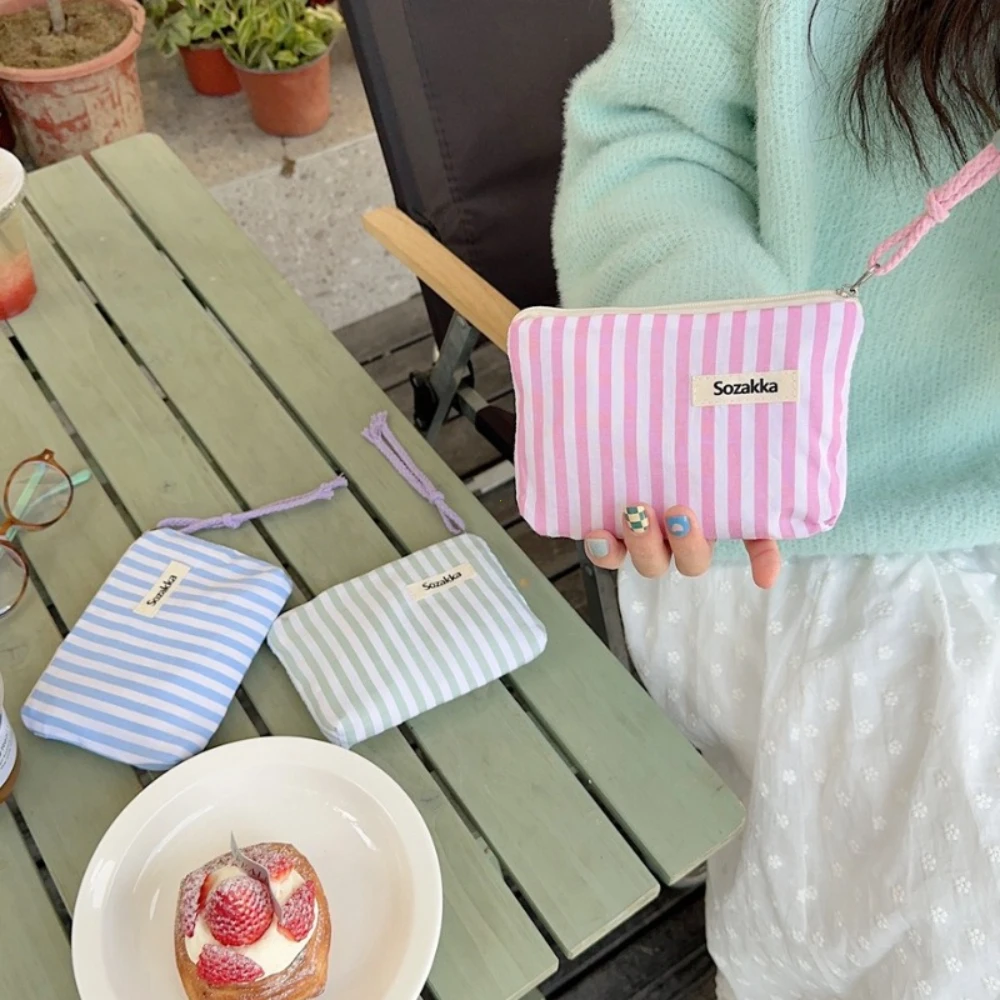 Small Cosmetic Make Up Bag Mini Canvas Striped Organizer Bags for Women Lipstick Makeup Case Children Cute Purse Coin Pouch Case