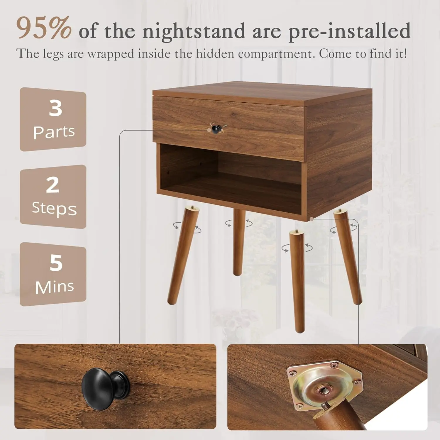 Hidden Compartment Nightstands, Mid Century Modern Concealment Furniture, Bedside Table with Wood Legs, End Table