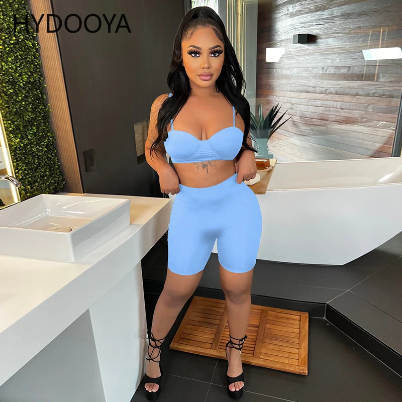 womens two peice sets spaghetti straps shirred crop top Sexy Solid 2 Piece Sets Womens Outfits Casual Tracksuit Spaghetti Strap Backless Crop Top+High Waist Skinny Shorts Matching Sets