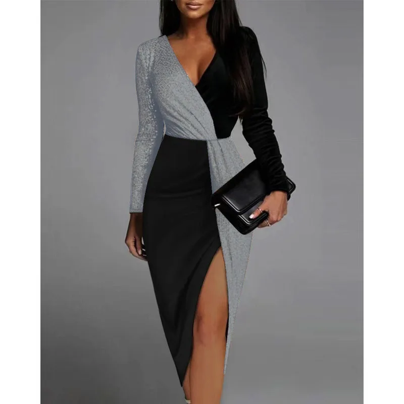 High Waist Party Evening Midi Dresses For Women 2022 Elegant Black Gold Sequins Patchwork Long Sleeve Prom Slit Dress