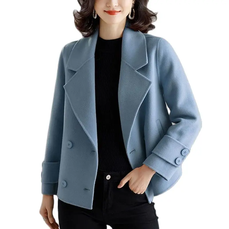 

Wool Coat Women Autumn Winter Jacket 2022 New Fashion Short Double Breasted Suit Collar Solid Color Coats Female Woolen Outcoat