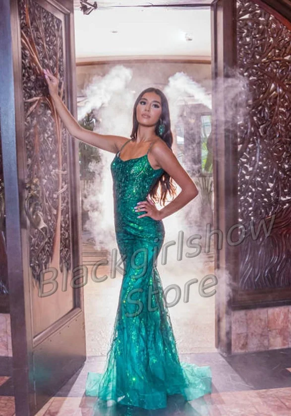 

Green Wedding Dress Elegant Shiny Sexy Spaghetti Straps Crystal Applique Sequins Mermaid Tight Evening Dresses