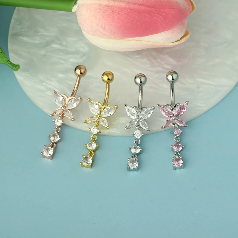 Wholesales 14 Gauges Belly Button Ring Dangling Navel Piercing jewelry Butterfly Dangling Belly Bar Stainless Steel Belly Button