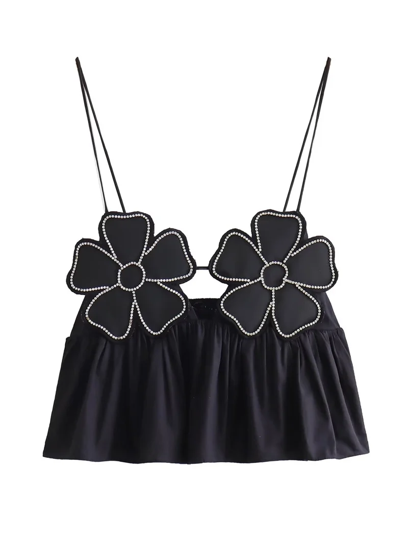 Top corto elegante con estampado floral negro a la moda para mujer, camisola Y2K con tirantes y espalda descubierta, ropa de calle elegante y sexy sin mangas para mujer