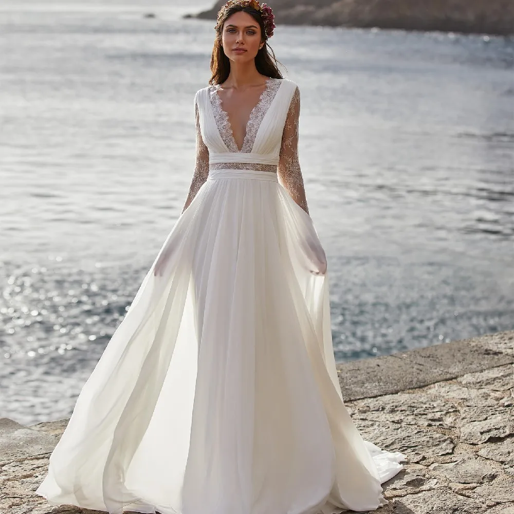 

Bohemian Wedding Dress Long Sleeve V-Neck Floor Length Chiffon A-Line Bridal Gowns Button Back Custom Made Civil Robe De Mariee