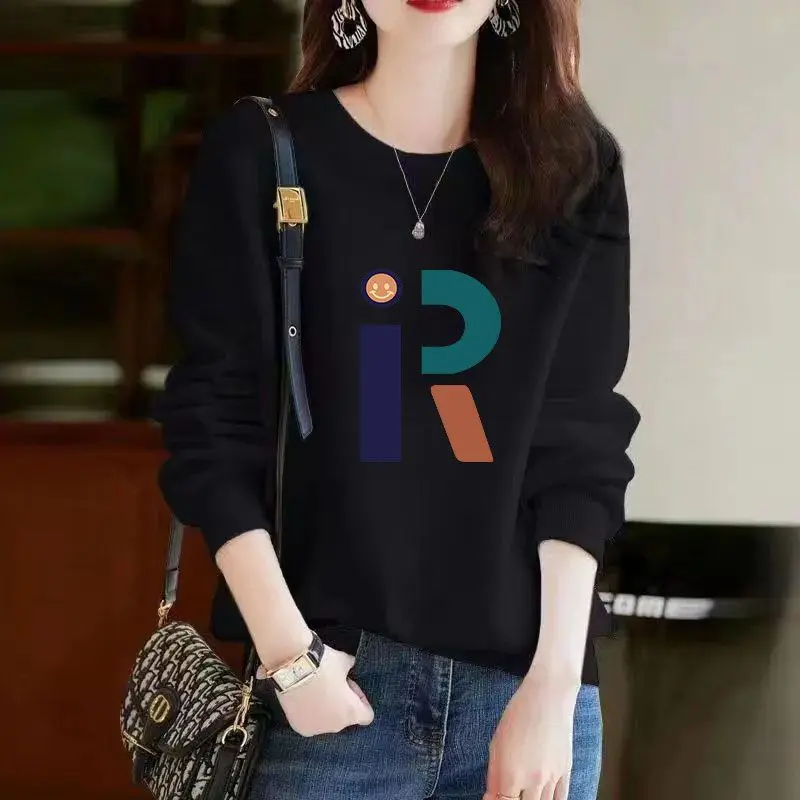 Women Spring Autumn and Winter New Korean Style Vintage Crew Neck Pullovers Letter Printing Loose Casual Long-sleeved Top
