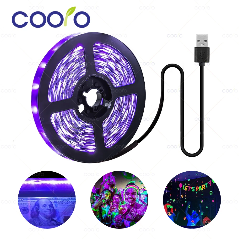 UV LED Strip Light 2835 SMD Purple Flexible Ribbon 395-405nm Ultraviolet Black Light Strip for Halloween Fluorescence Dark Party