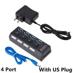Multi - Port USB Hub Splitter with Power Adapter and Switch - Enhanced Connectivity for PC and Laptop Accessories (4 ports with US Plug)