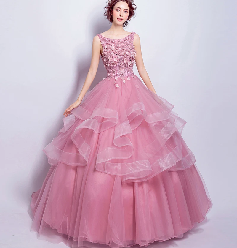 Pink Floral Lace Ball Gown Quinceanera Dresses 3D Flowers Ruffles Sweet ...