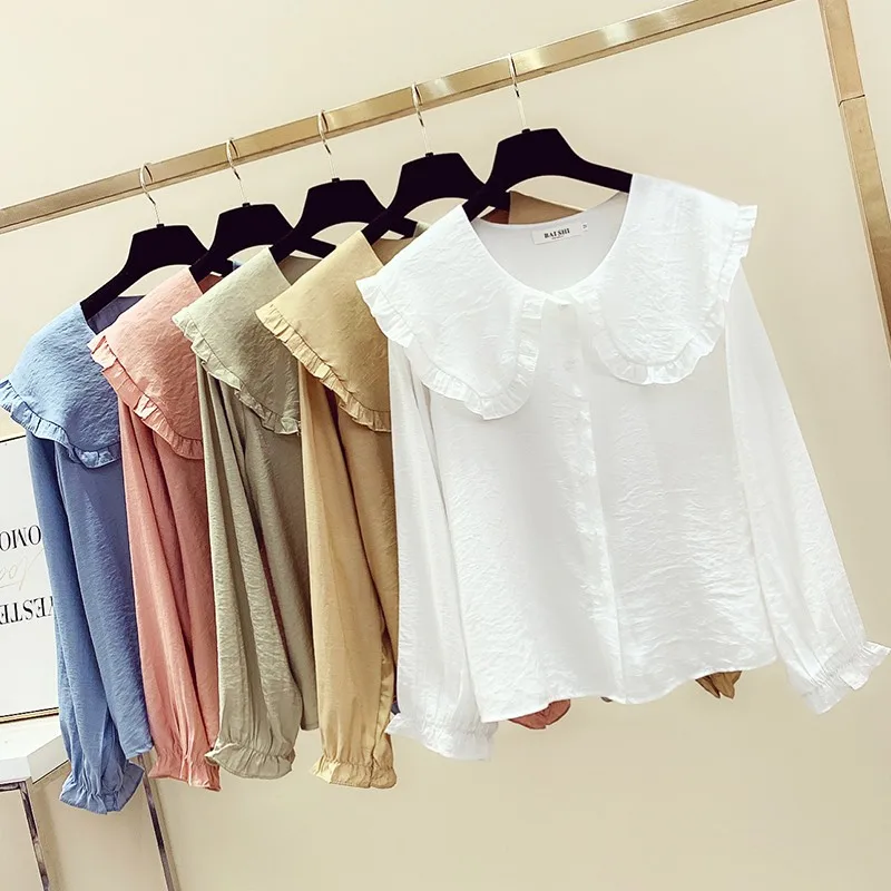 2024 Spring Summer Women's Fashion Vintage Peter Pan Collar Solid Slim Shirts Long Sleeve Casual Cotton Basic Blouse Female Tops