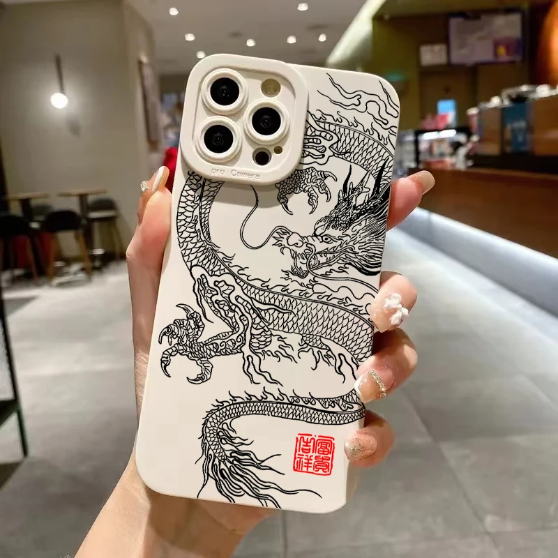 Elegant Matte Black Chinese Dragon Silicone Phone Case - Shockproof and Soft Cover