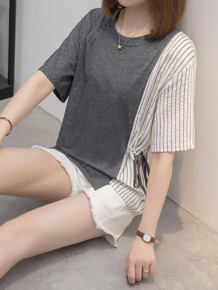 

Oversize Short Sleeve T-shirt Women Summer Irregular Stripe Patchwork Large Size Tshirt Simple Shining Loose Lace Up Chic Tops